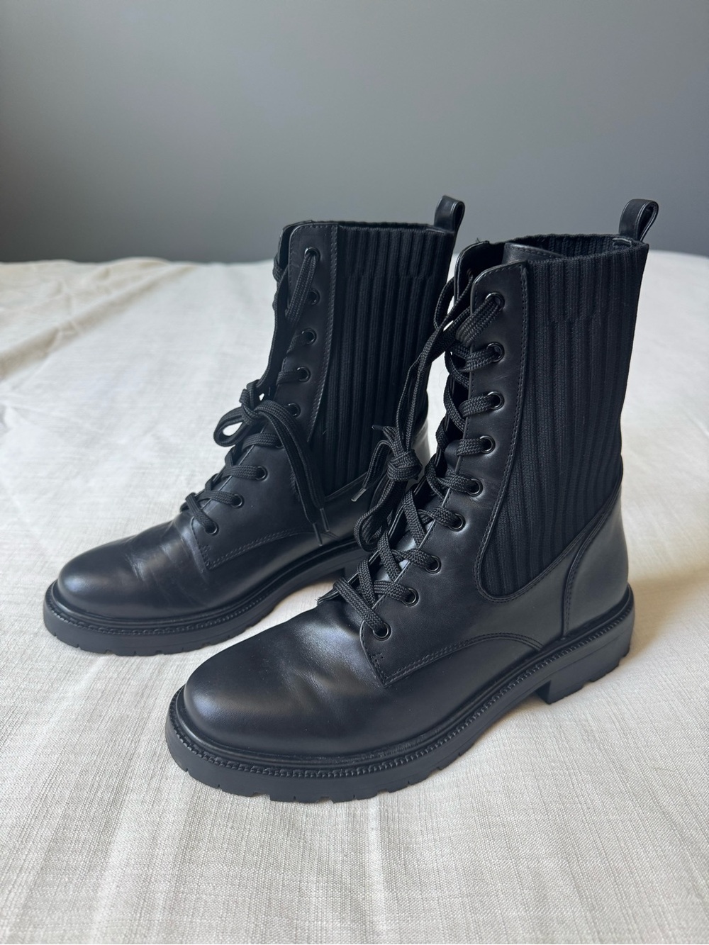 Sam Edelman Black Leather Lace-Up Combat Boots Lug Soles Womens Sz 8